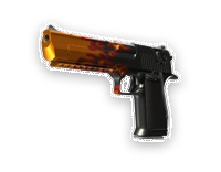 CS2 Desert Eagle Blaze z ognistym pomarańczowym wzorem płomieni na czarnym pistolecie.