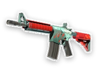 CS2 M4A4 Bullet Rain z kolorowym niebiesko-czerwonym wzorem na karabinie.