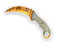 CS2 Talon Tiger Tooth z zakrzywionym ostrzem i żółtym paskowanym wzorem przypominającym tygrysi ząb.